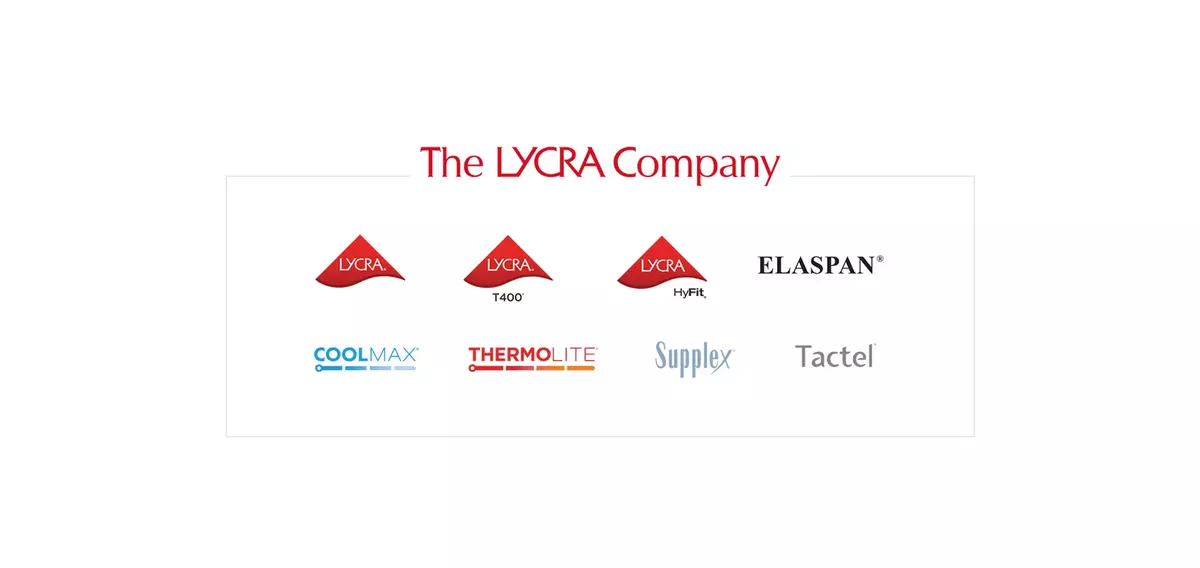 LYCRA®, LYCRA HyFit®, LYCRA® T400®, COOLMAX®, THERMOLITE®, ELASPAN®, SUPPLEX®, TACTEL®, logos.