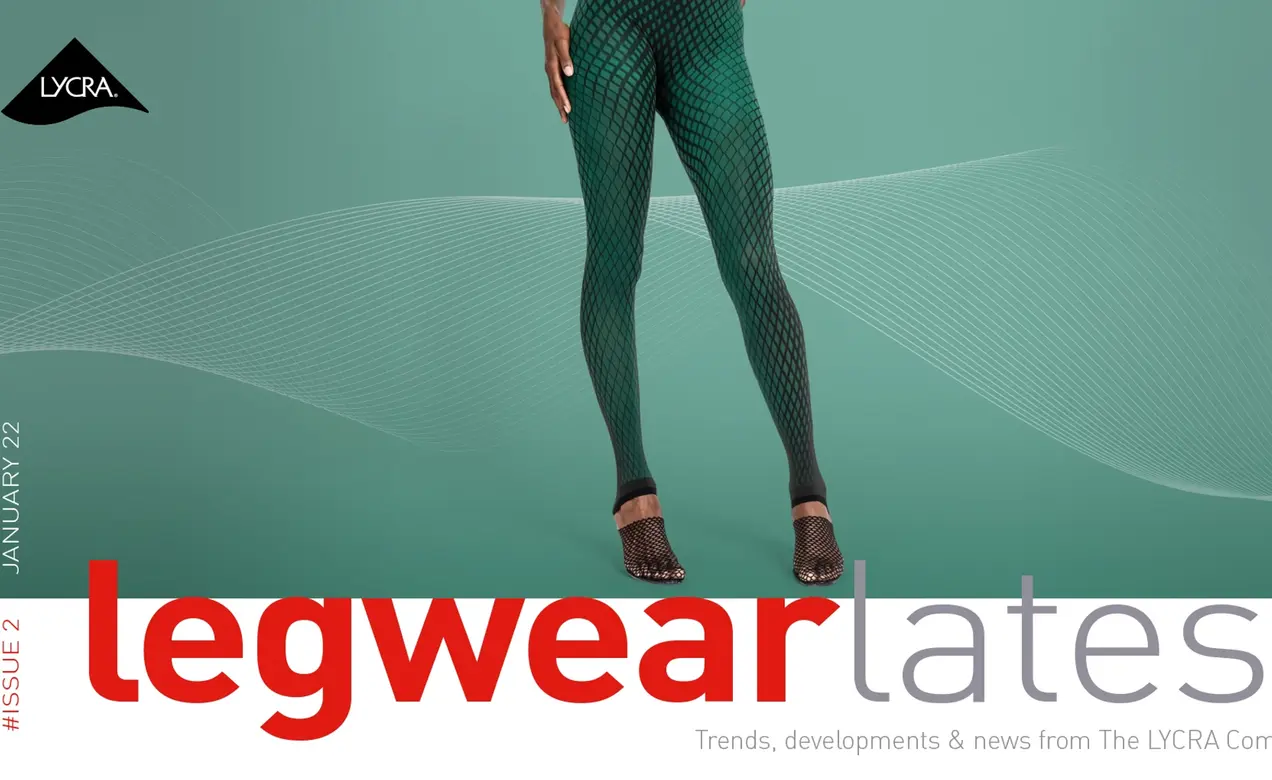 The Legwear Latest magazine cover shows patterned green tights with mesh socks powered by durable LYCRA® fiber innovations.