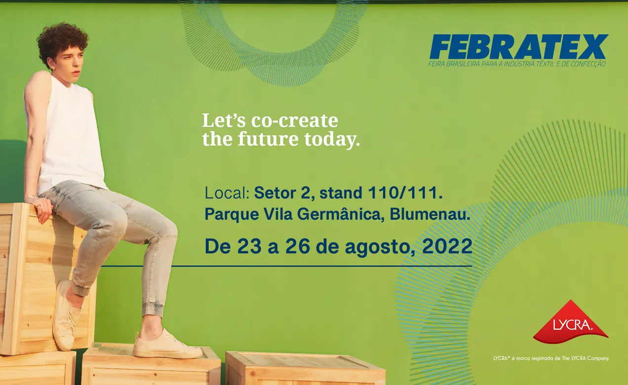 This invite to FEBRATEX features a young man wearing jeans powered by LYCRA® brand fibers for performance stretch denim.